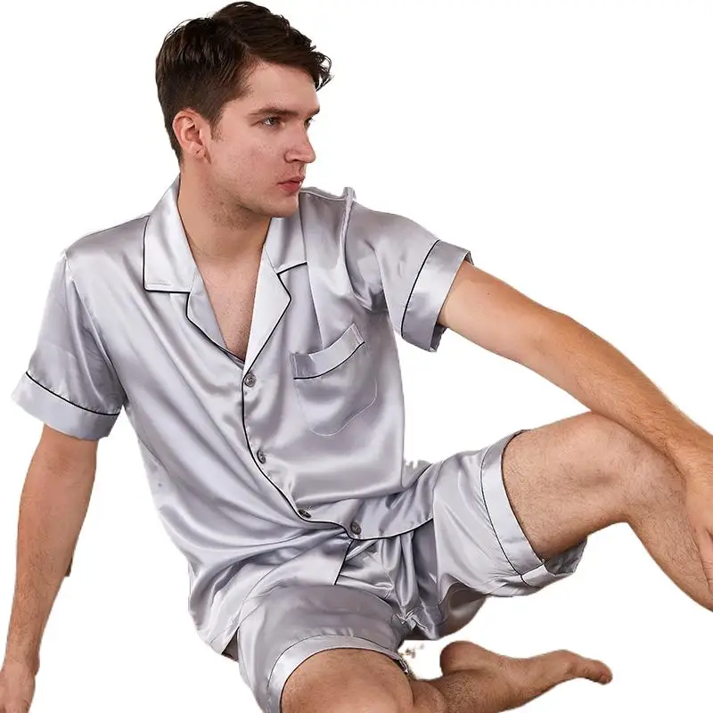 

100% Mulberry Silk Pajamas Summer Autumn Spring Pajamas Gray Red Blue Men Male Short Pants Short-sleeved Two-piece Suit