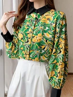 floral print color contrast women shirt chiffon thin dropped long sleeve black turn down neck female blouse top mujer spring