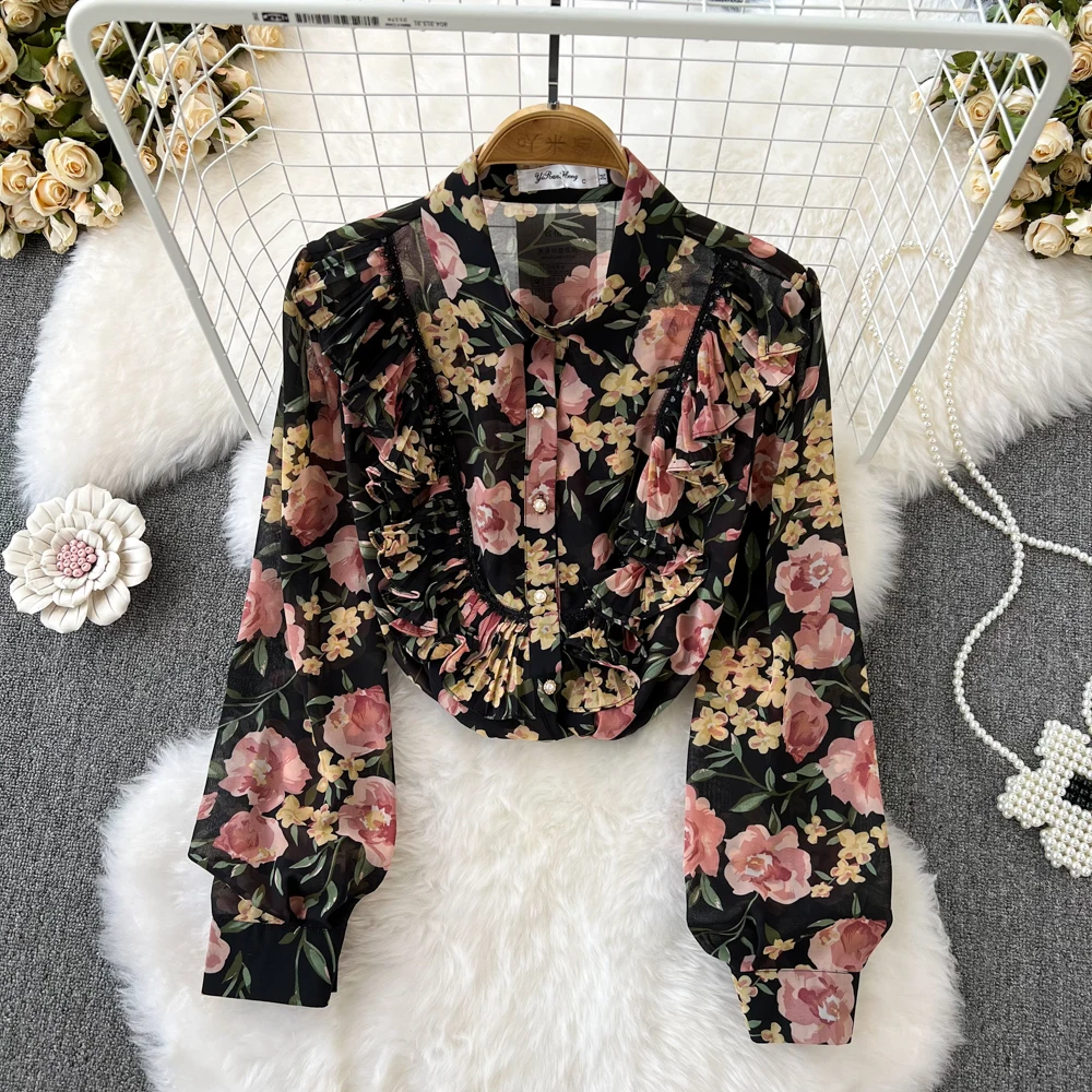 

Korean Lapel Flanged Single Breasted Sweet Floral Chiffon Casual Jacket