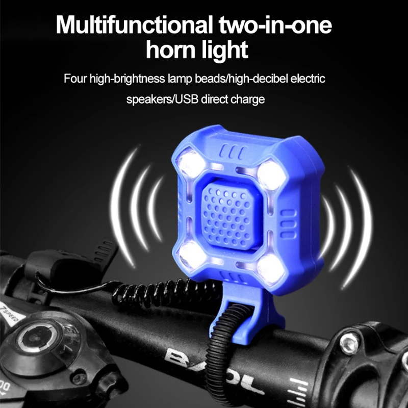 

140 DB Electric Bike Bell 4 Lamp Cycling Light 1200mAh Electric Horn Waterproof USB Charging Loud Alarm Security Mountain Road
