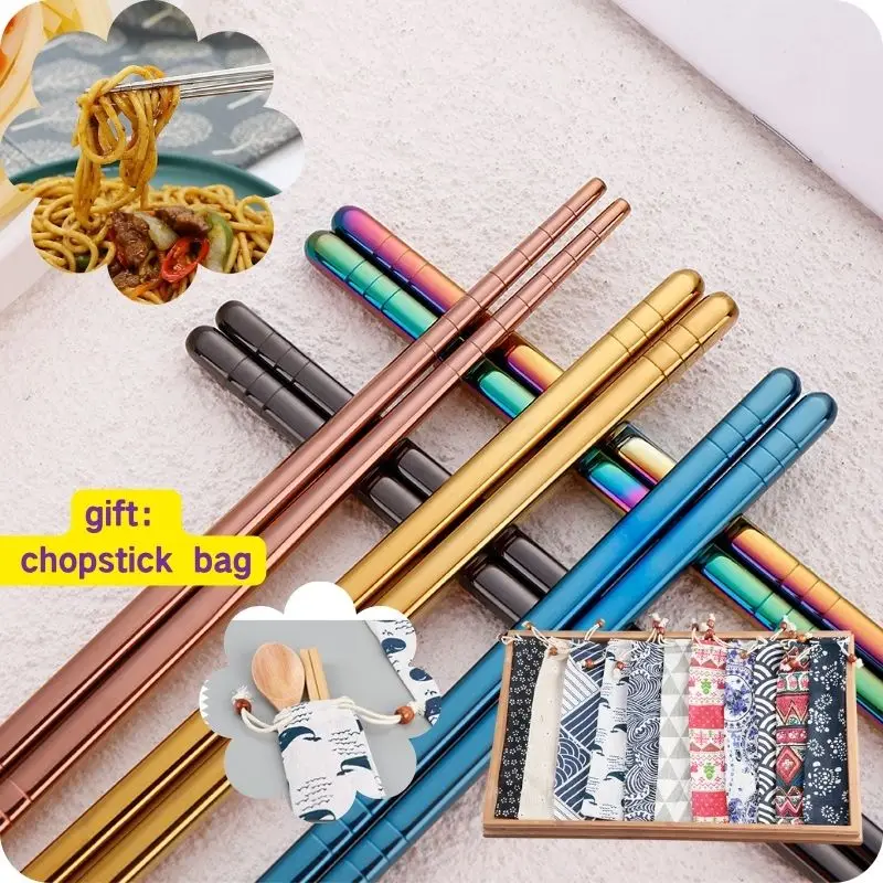 

1pair Reusable Sushi Chopsticks Set 304 Stainless Steel Non-Slip Japanese Food Chinese Korean Metal Chop Stick Dishwasher Safe