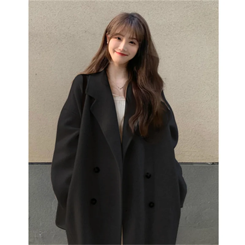 Fashion Woolen Coats Women's Clothing 2023 Autumn Winter Korean Beige Bouble breasted Wool Jackets Black Overcoats JP372