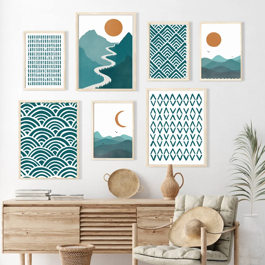 Настенная Картина на холсте с изображением гор солнца Луны шара абстрактного