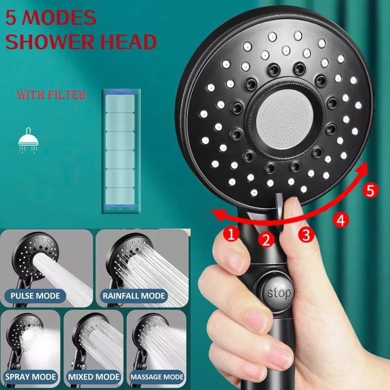 

Shower water-saving new 5-speed adjustable high-pressure shower with one-button water stop belt cotton filter silicone nozzle