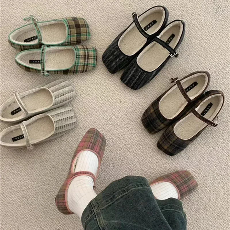 

Женские винтажные балетки на плоской подошве, повседневные Мягкие Туфли Мэри Джейн из шерсти с квадратным носком, удобные лоферы во французском стиле, Осень-зима 2024