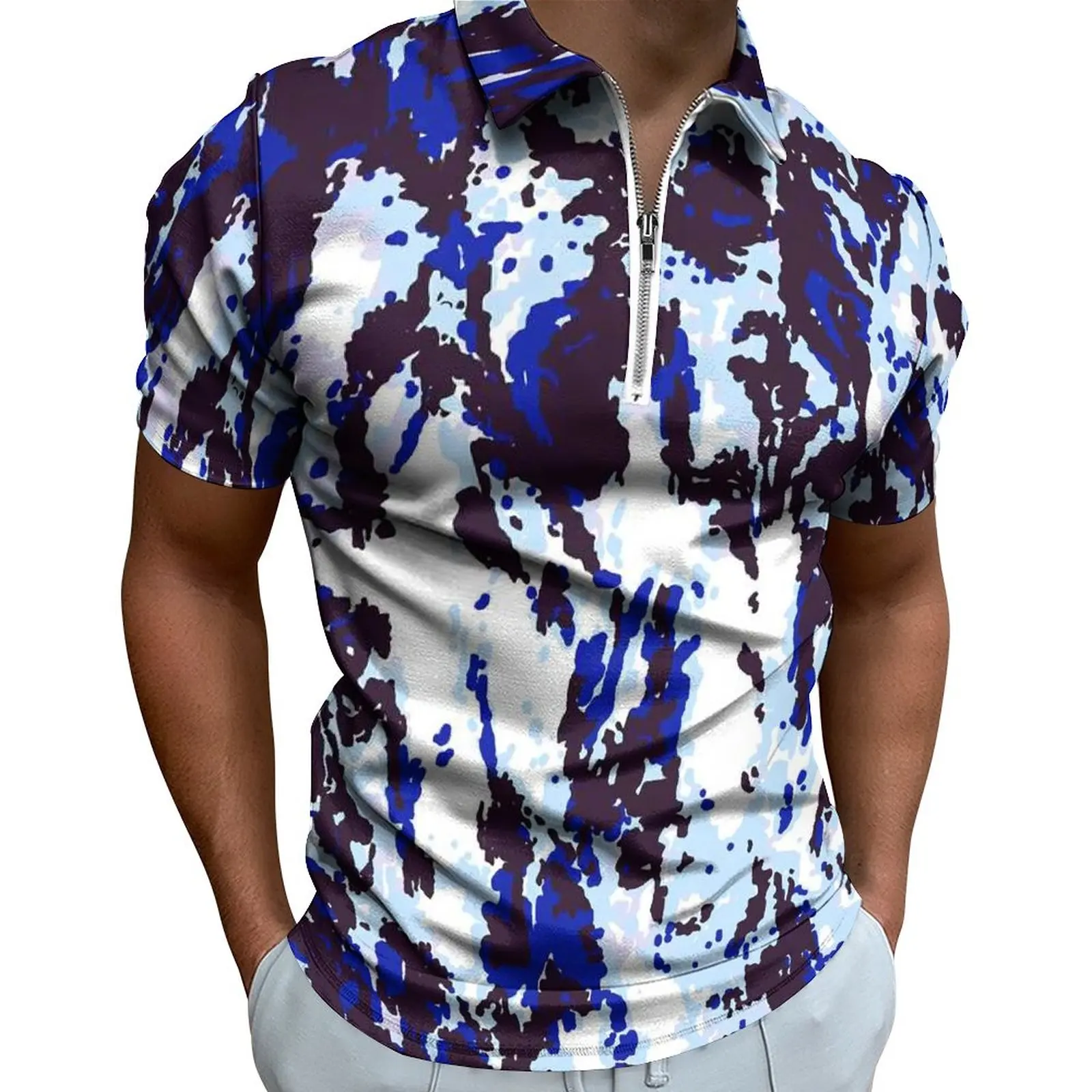 

Tie Dye Pattern Casual T-Shirts Blue Camouflage Polo Shirts Zipper Retro Shirt Man Custom Tops Big Size 5XL 6XL
