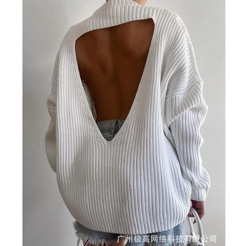 

Autumn Sexy Sweater Women's Fashion Solid Color Loose Pullover Women's Casual Long Sleeve Round Neck Backless Sweater Top