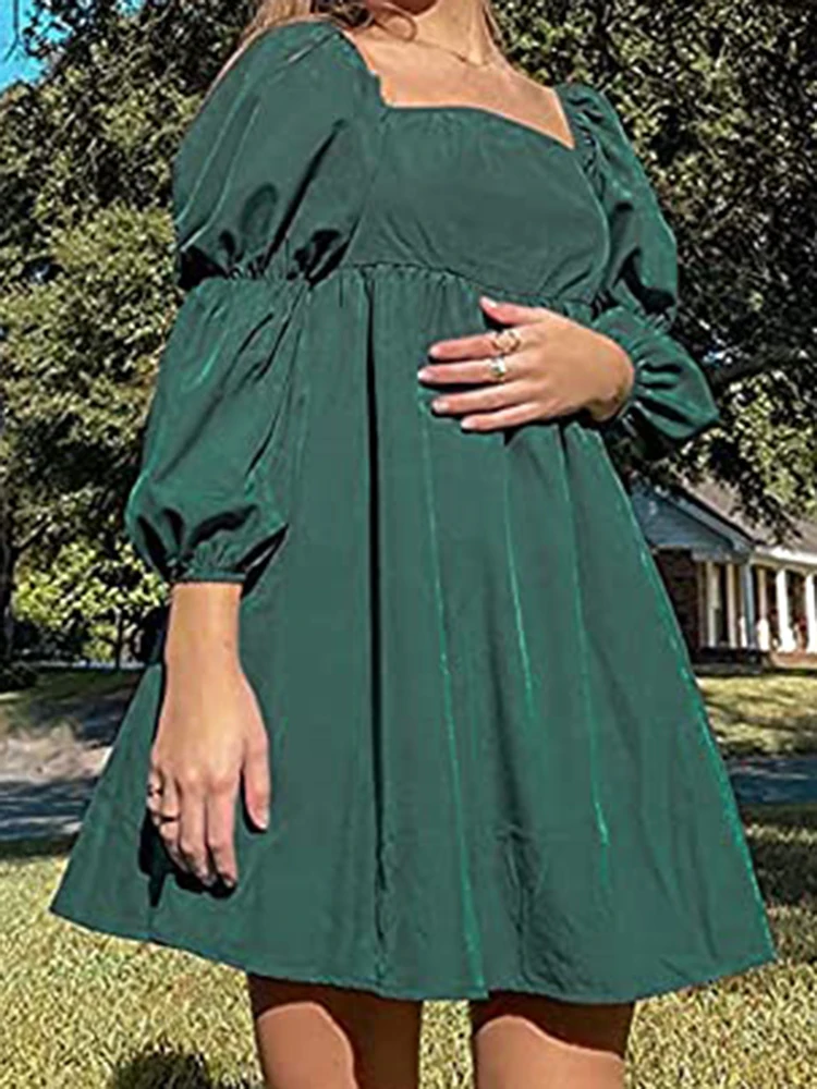 

Женское мини-платье с открытой спиной, весеннее однотонное платье-трапеция с пышными рукавами, повседневное короткое платье с квадратным вырезом, женское свободное элегантное праздничное платье