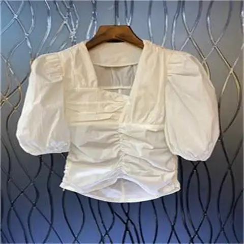 

VANOVICH 2022 Summer New Fashion Women's Top European and American Style Solid Square Collar Puff-sleeved Temperament Casual Top