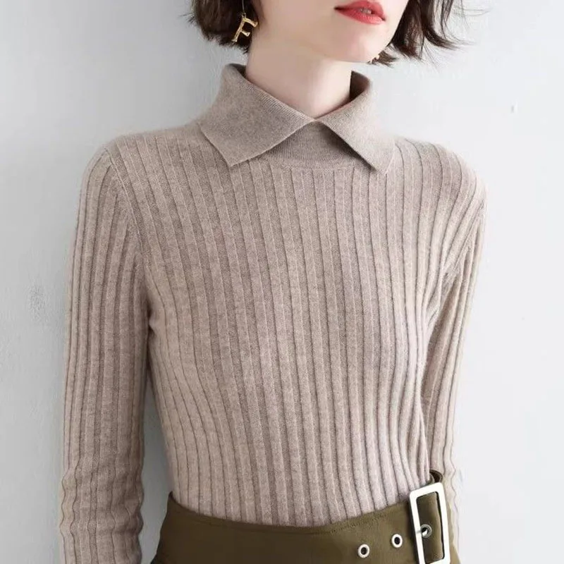 

Lucyever Sweater Women Pullovers 2023 Autumn Winter Turndown Collar Knitted Jumper Tops Ladies Korean Slimming Ribbed Sweaters