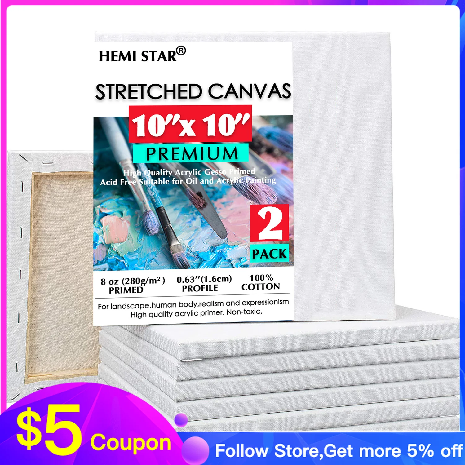 

2 pcs Stretched Canvases for Painting 25x25cm-10x10in, White 8 oz Gesso-Primed 100% Cotton Blank Canvas Boards for Painting