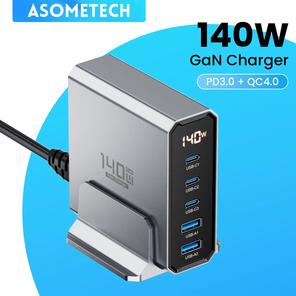 Фото 140W GaN USB зарядное устройство 5 портов Тип C PD3.0 QC Быстрая зарядка 4,0 3,0 PPS USB C быстрое зарядное устройство для IPhone 14 13 Samsung Macbook Tablet №1