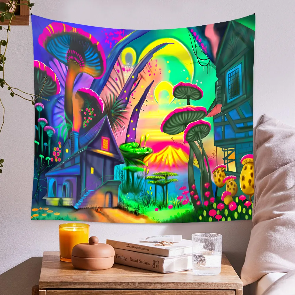 

Psychedelic Mushroom Tapestry Trippy Tapestry Mysterious Forest Tree Tapestry Fantasy Castle Tapestry Wall Hanging for Bedroom