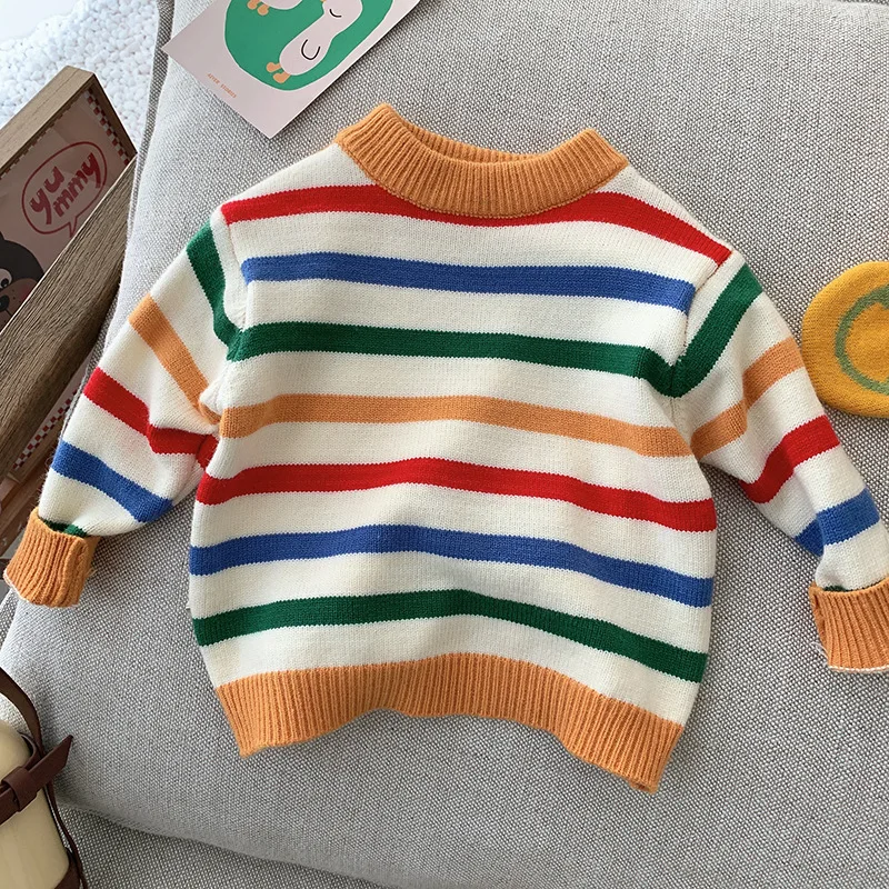 

New 73-130 Girls boy winter autumn pullover sweater princess knitwear kids baby stiped clothes children students top 0-6year
