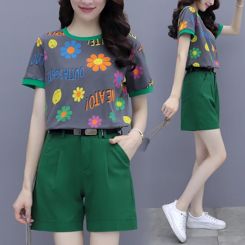 

New 2 Piece Suit Women Summer 2022 New Korean Floral Printed Short Sleeve O-Neck T-Shirt + Casual Wide Leg Shorts Sets Top Suits