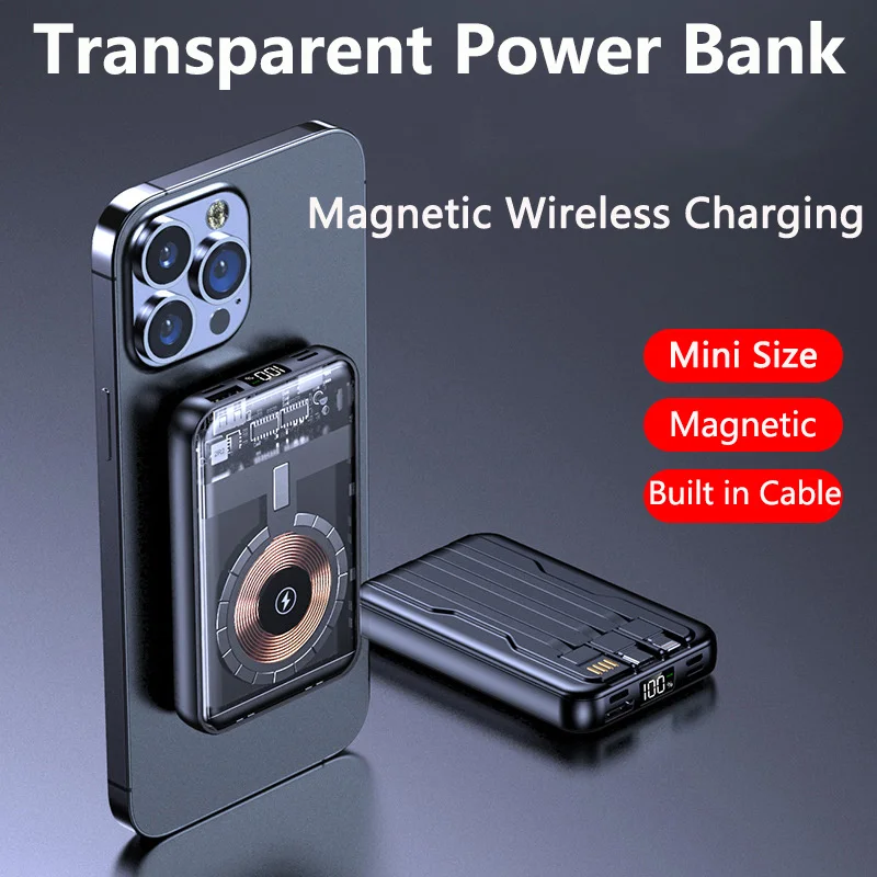 

10000mAh Magnetic Qi Wireless Charger Transparent Power Bank For IPhone 14 13 12 Series Mini Powerbank For Samsung/Huawei/Xiaomi
