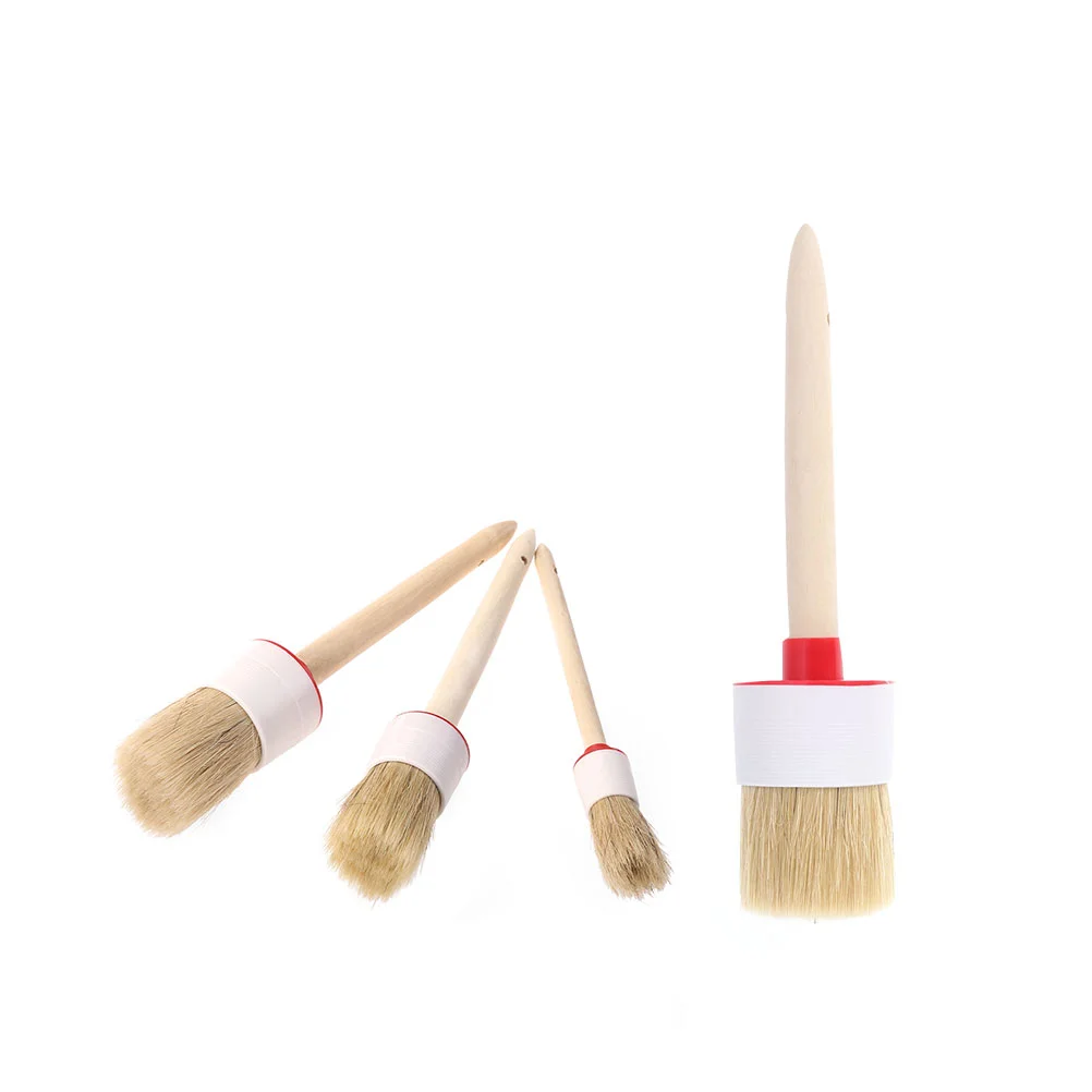 

4PCS Round Head Wood Handle Cleaning Brush Natural Boar Hair Detail Brush for Wheel