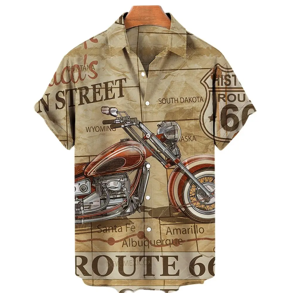 2023 Route 66 Retro Shirt American Flag 3d Print Hawaiian Shirts Retro Summer Shirts Breathable Short Sleeve Lapel Shirt Men Top