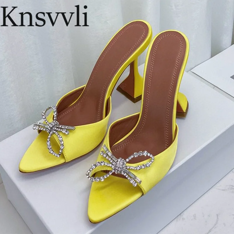 

Runway High Heels Slippers Female Satin Pointy Toe Mules Shoes Woman Slingbacks Rhinestone Butterfly-knot Heeled Slipper Women