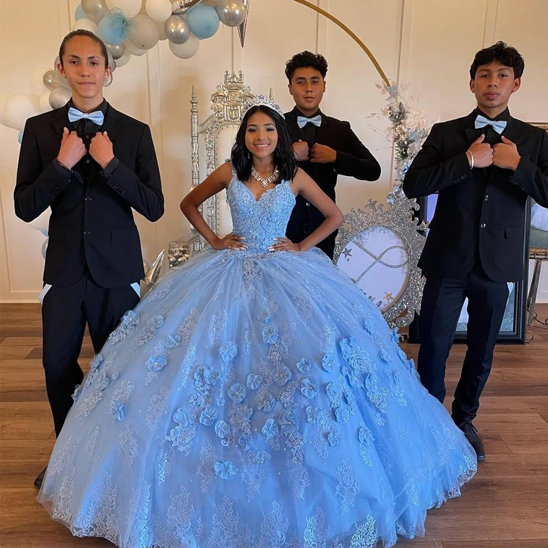 

14565Light Sky Blue Prom Dress Quinceanera Off Shoulder Tulle 3D Floral Formal Cinderella Birthday Luxury Dress 15th Party Dress