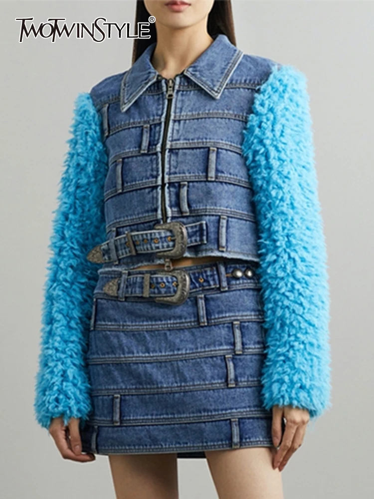 

Женская Повседневная куртка TWOTWINSTYLE, разноцветная куртка из овечьей шерсти с длинным рукавом, на молнии, 2023