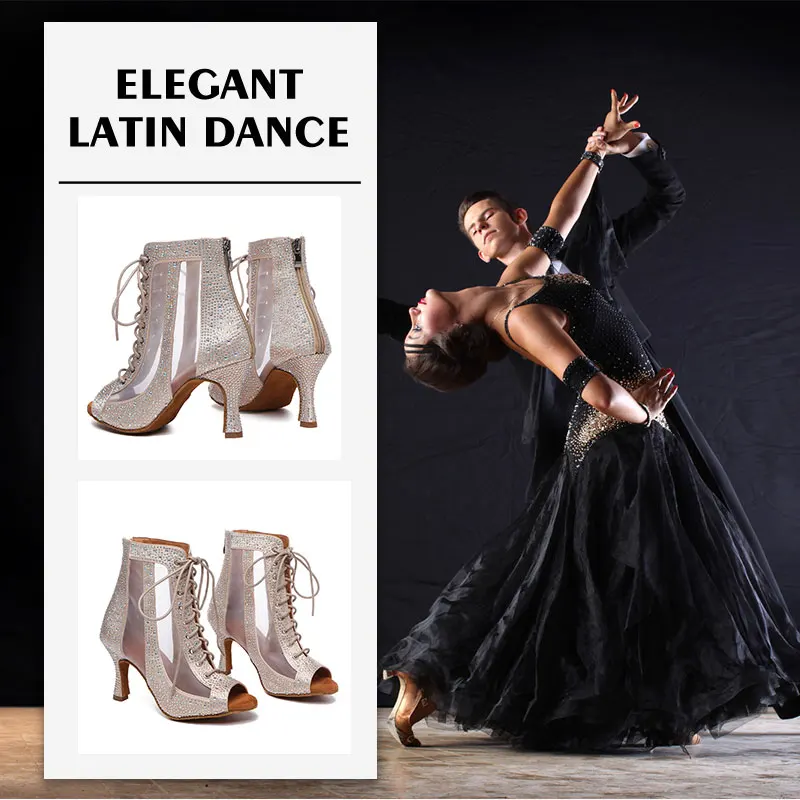 2022 HROYL Dance-Shoes Women Girls Latin Salsa Tango Ballroom Ladies Soft Bottom Modern Black Drill Mesh High Heel  Professional