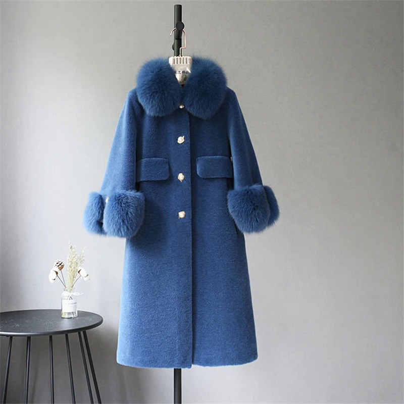 Winter Jacket Women Coat 100% Wool Coats With Natural Fox Fur Collar Sleeve Cuff Fur Ladies Overcoats Long Female Outwear