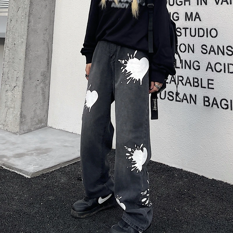 

New Autumn Gothic Women Jeans Baggy Splash Love Graffiti Print Denim Pants Femme Casual Loose Wide Leg Straight Trousers Mujer
