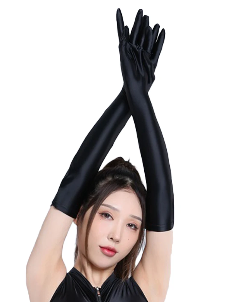 Sexy Women Smooth Shiny Elastic Glove Oil Gloosy Silky Sheer See Through Long Gloves Sunscreen Driving Glove Luxury Candy Color images - 6