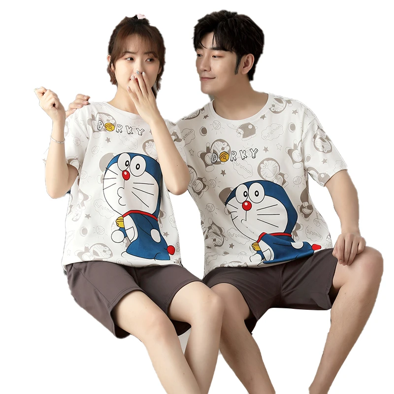 Couple Pajamas Sets Women Man Anime Doraemon Pijama Cotton Korean Men Sleepwear Short Sleeve Cute Lovers Women Nightwear