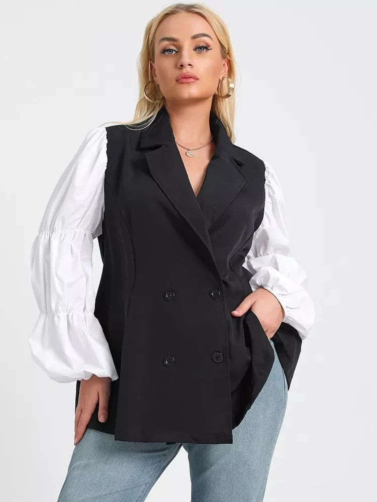 

Plus Size Double Breasted Blazer Contrast Lantern Sleeve Fashion Office Lady Suit Jacket