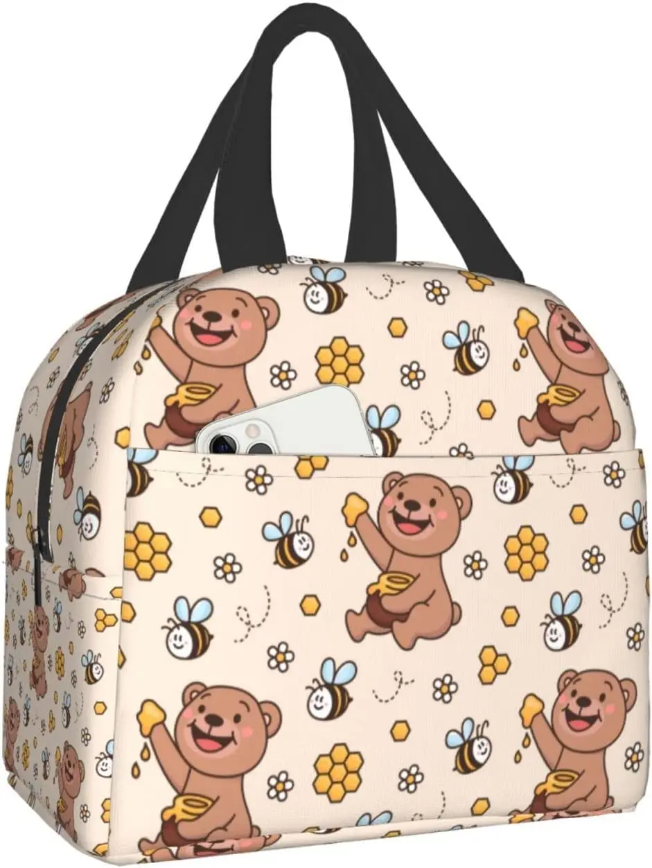 

Милые сумки для ланча с медведем и Пчелкой, изолированный Ланч-бокс для женщин и мужчин, сумка-тоут, Ланч-бокс для работы, путешествий, на отк...
