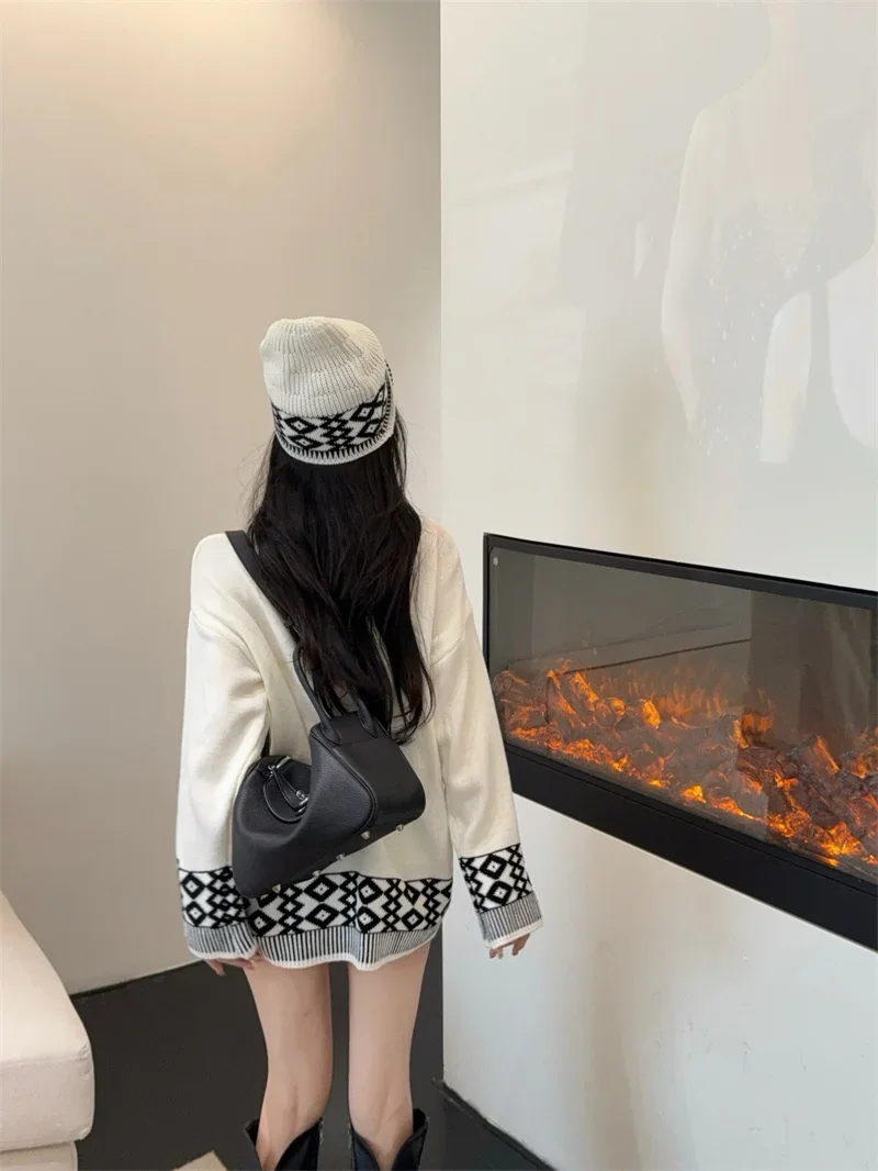 MiiiiX универсальный свободный жаккардовый вязаный свитер контрастного цвета