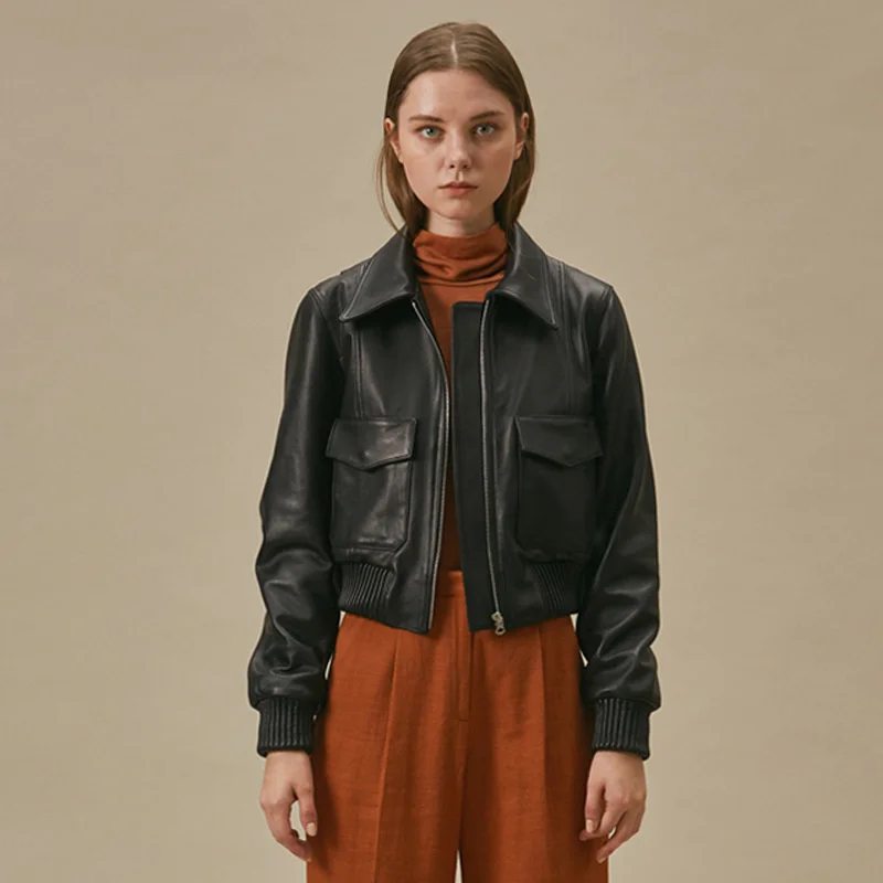 

2023 Autumn/Winter Women's Sheep Genuine Leather Short Fit Baseball Coat Leather Jacket Simple Casual Coat
