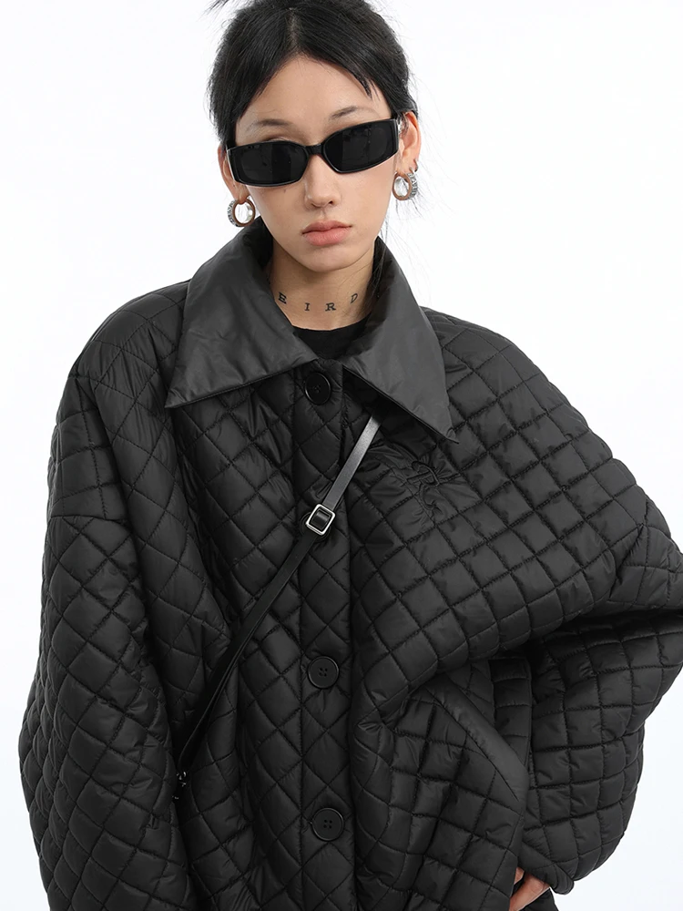

Women Fashion Single Breasted Loose Padded Jacket Coat Vintage Long Sleeve Pockets Streetwear Female Black Outerwear Clothes New