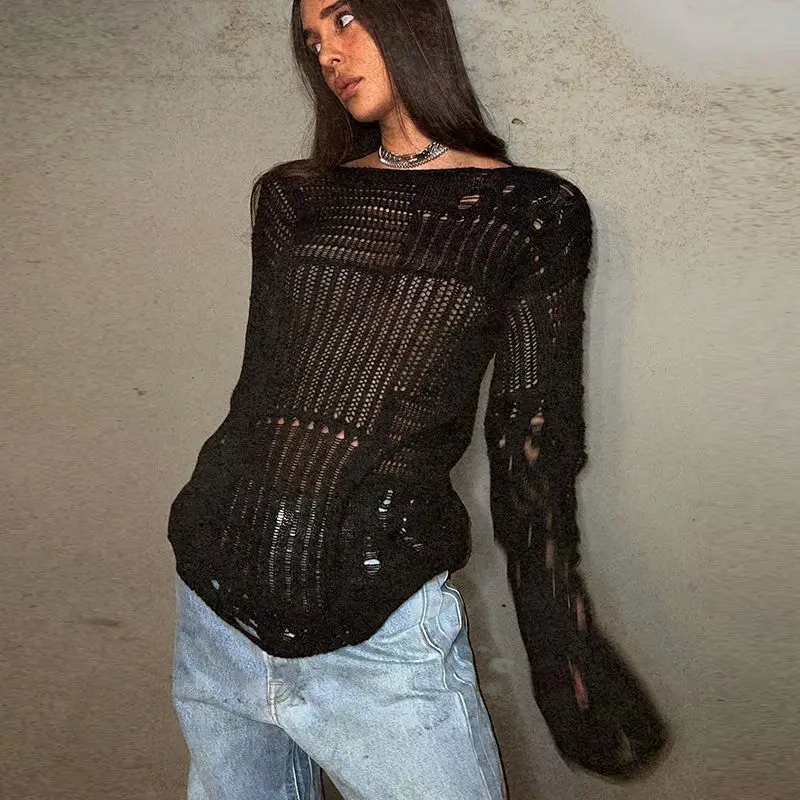 

Женская трикотажная футболка с вырезами, тонкий прозрачный свитер Y2k, футболка с длинными рукавами, пуловер в стиле хип-хоп, лето 2023