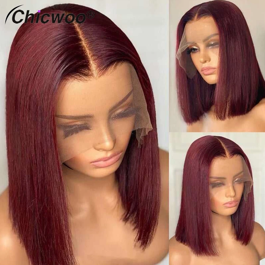 

99J Burgundy Short Bob Wigs Brazilian Remy Human Hair Ombre Colored 13x4 Transparent Lace Front Straight Wig Preplucked Hairline