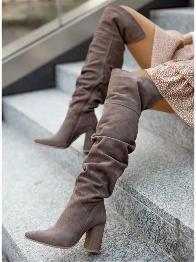Women Boots Winter 2022 Designer Luxury Faux Suede High Heels Plus Size Women Shoes Elegant Pointed Lady Kover The Knee Boots