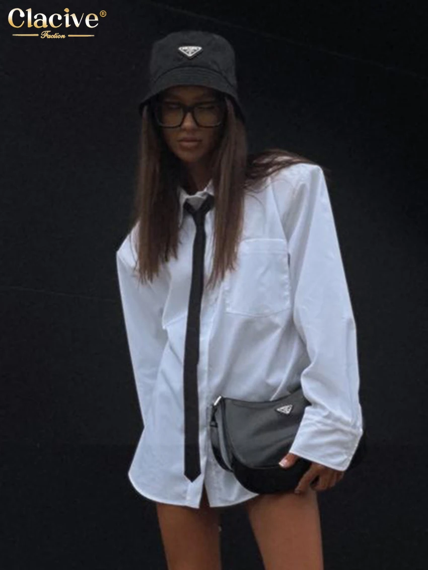 

Clacive Casual Loose White Shirts For Women 2024 Fashion Lapel Long Sleeve Blouses Elegant Tie Solid Shirt Top Female Streetwear