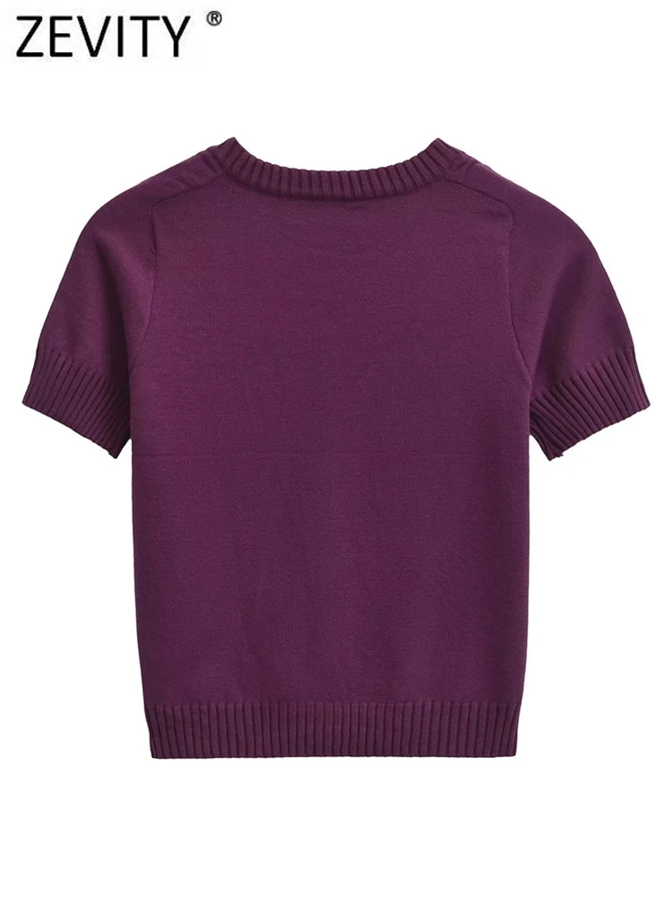 Zevity 2024 женский модный однобортный вязаный тонкий свитер с круглым вырезом и