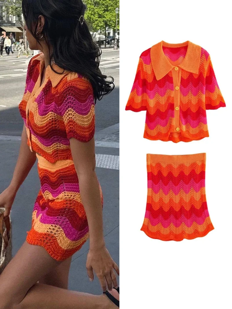 

New Women Mesh knitted Top Skirt Set 2023 Summer Female Colorful Lapel Single-Breasted Short Sleeve Chic Coat+Mini Skirt