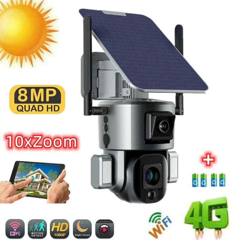 

8MP 4G WIFI Solar Camera 10X Optical Zoom HD Dual Lens Monitor Wireless Humanoid Tracking 360 Degree PTZ Security Camera