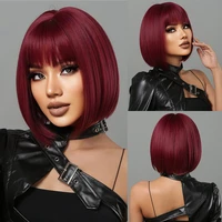 short synthetic wigs with bangs wine red color natural bob straight wigs for black women party cosplay costume heat resistant