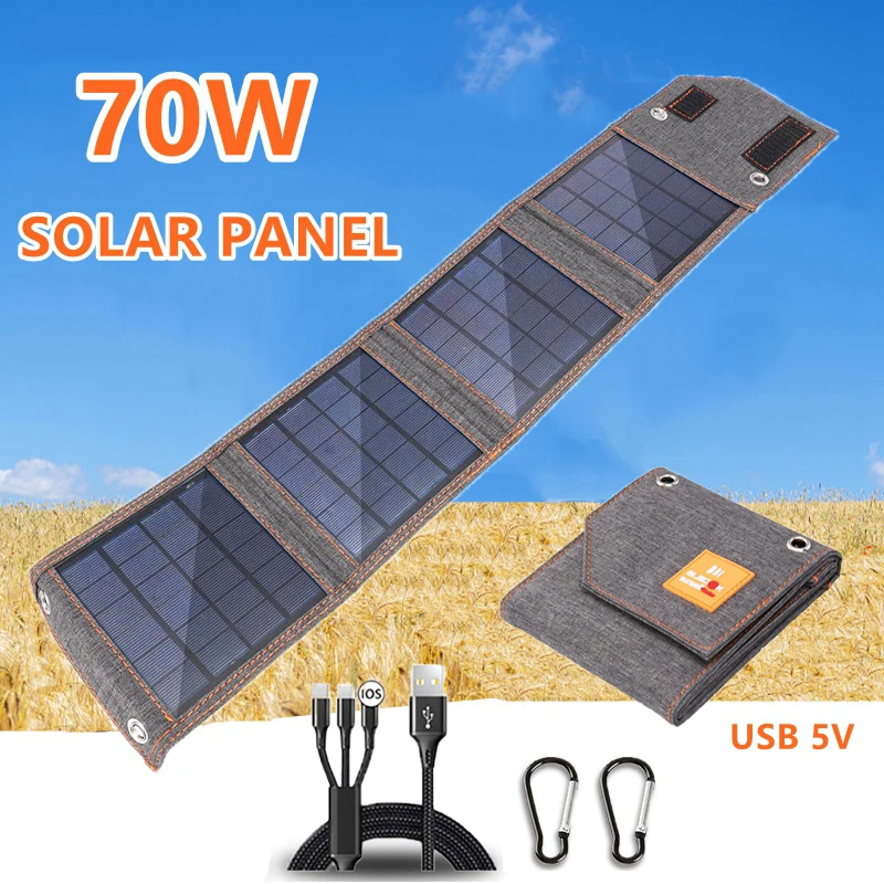 70W Folding Solar Panel USB 5V Waterproof Solar Charger Portable Mobile Solar Power Bank for Outdoor Camping Hiking with Cable