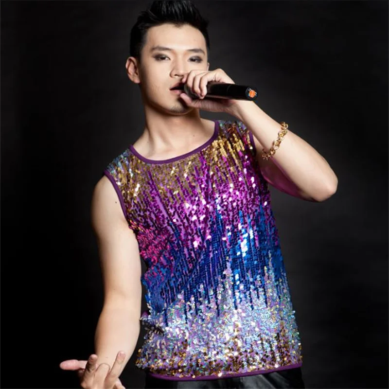 Summer style personality slim male gradient paillette vest men sleeveless shorts 1 punk rock costumes singer dance stage