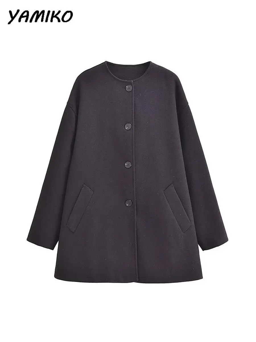 

Повседневные женские черные свободные куртки с круглым вырезом и длинным рукавом, пальто на пуговицах спереди, женская модная винтажная Дамская куртка, Осенний Топ