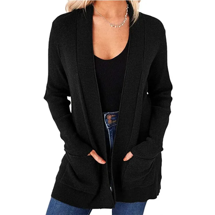

Женский вязаный кардиган с открытым спереди, уютный вязаный свитер с длинными рукавами и карманами, однотонный джемпер, кардиган