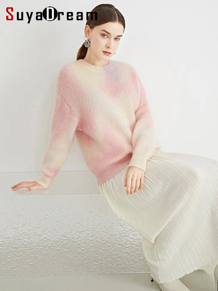 SuyaDream Women Sweaters Mohair Wool Blend Crew Neck Tie Dye Pink Pullovers 2022 Fall Winter Fashion Warm Knit Wear