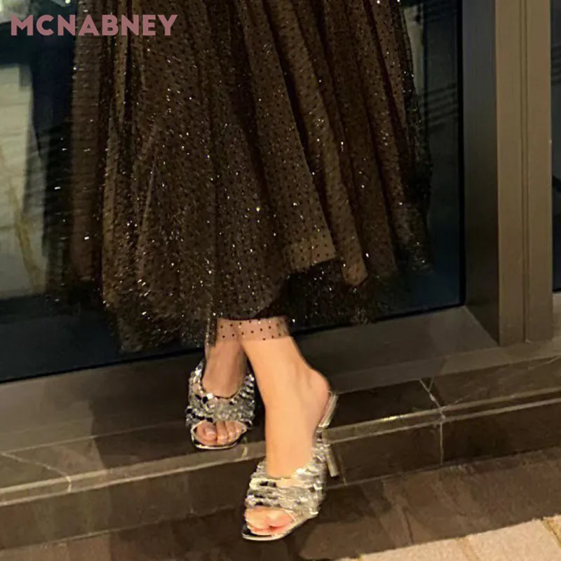 Shining Sequin Fashion Slippers Silver Square Toe Stiletto Slip-On Sandals Sexy Temperament Banquet High-Heeled Women's Slippers