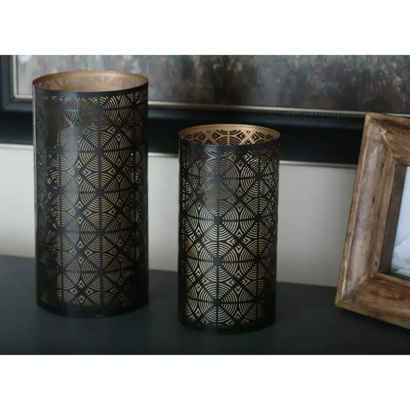 

Holder Dark Brown Metal Geometric Pillar Candle Lantern, Set of 3 Candelabro Dinning table decoration accessories Wooden candle